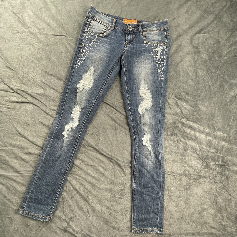 Jou Jou Denim Women Jeans Size 3 Low‎ Rise Blue Embellished Accent Sequence